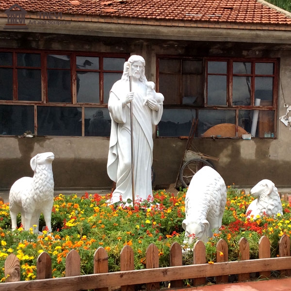 Garden Decoration Marble Shepherd Jesus and Flock Sculpture for Sale CHS-603