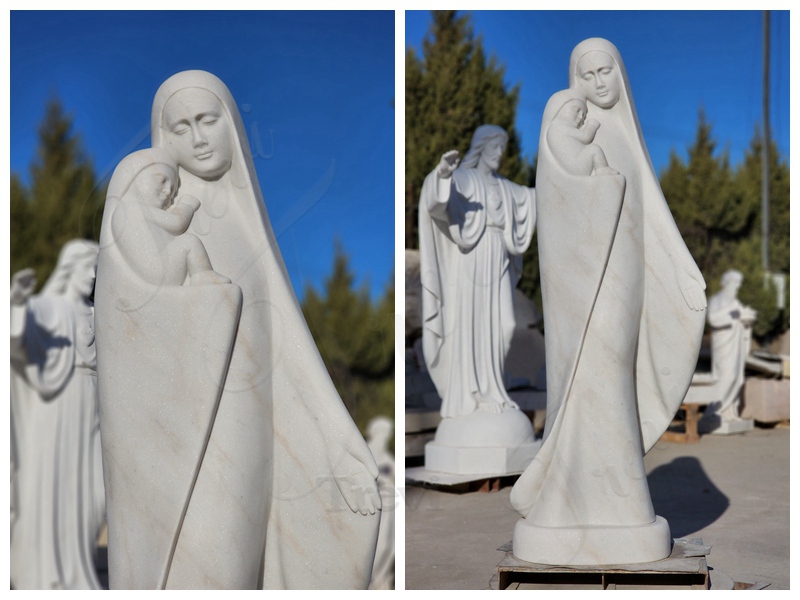 Marble Statue of Mary Holding Jesus Details